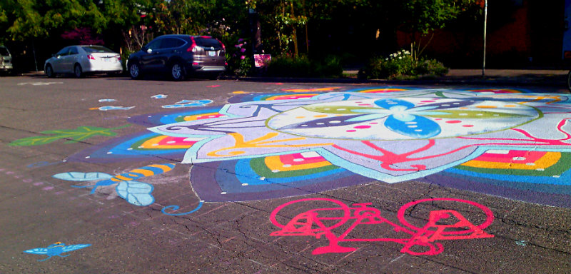 painted mandala with bike and bee at SE 19th and Clinton in Portland OR