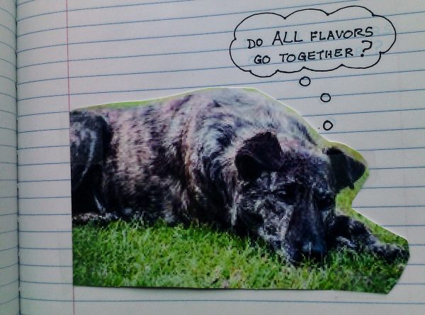Picture of a dog on lined paper background; thought balloon says, “Do ALL flavors go together?”