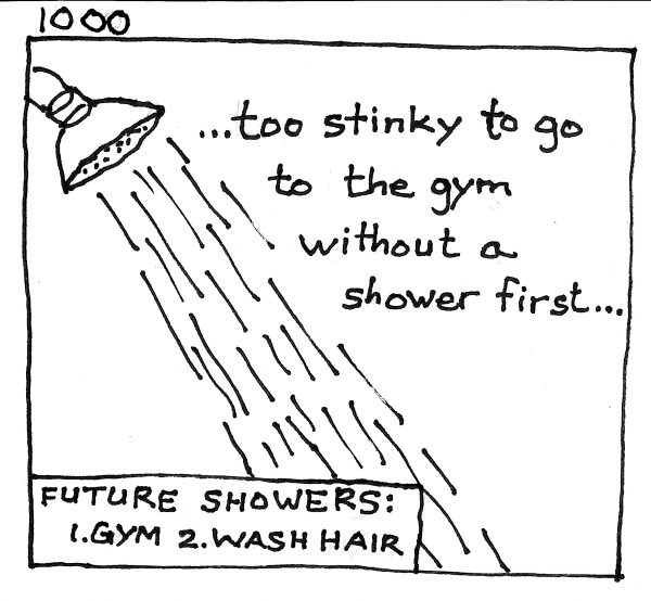 sharpie illustration of showerhead. Text: too stinky to go to the gym without a shower first... future showers: 1. gym 2. wash hair