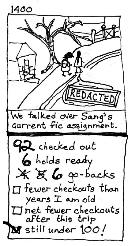 two-panel sharpie comic. Panel 1: 2 women walk along a street, their conversation is "REDACTED." Caption: We talked over Sang's current fic assignment. Panel 2: 96 checked out, 6 holds ready, 4 no 5 no 6 gobacks. Checklist: 1. fewer checkouts than years I am old (not checked), 2. net fewer checkouts after this trip (not checked), 3. still under 100! (checked)