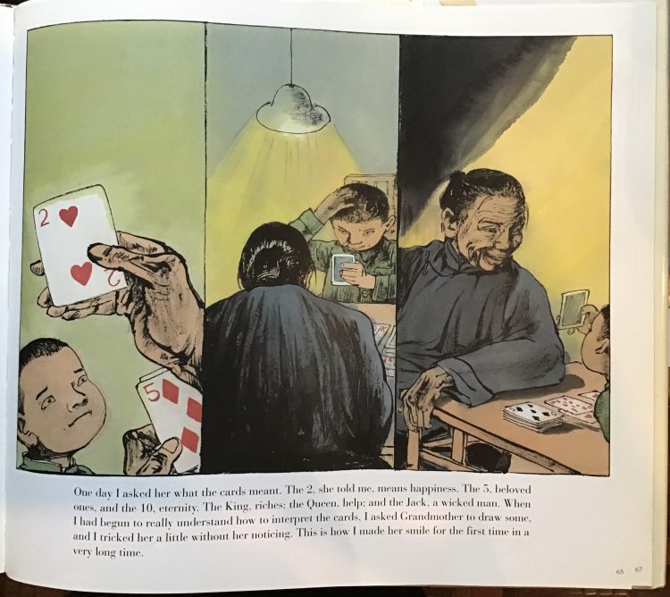 picture book page with three panel illustration of a boy and his grandmother playing cards