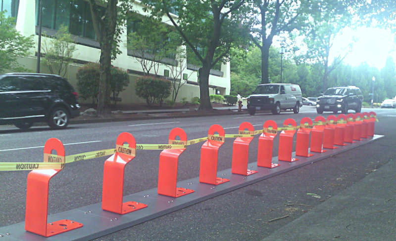 orange racks ready for Biketown bikes