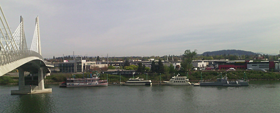 boats at the east end of the Tilikum Bridge