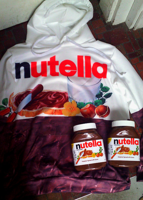 two large jars of nutella and a vivid nutella hoodie