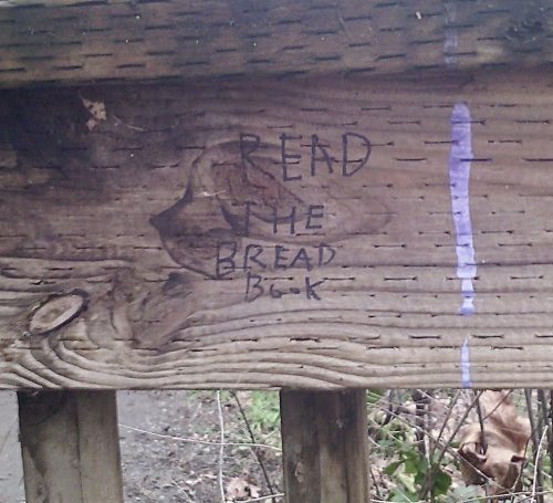 fence with sharpie graffiti "READ THE BREAD BOOK"
