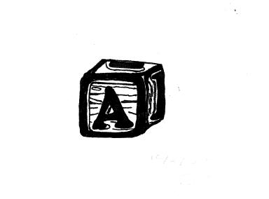 ink drawing of a wooden alphabet block